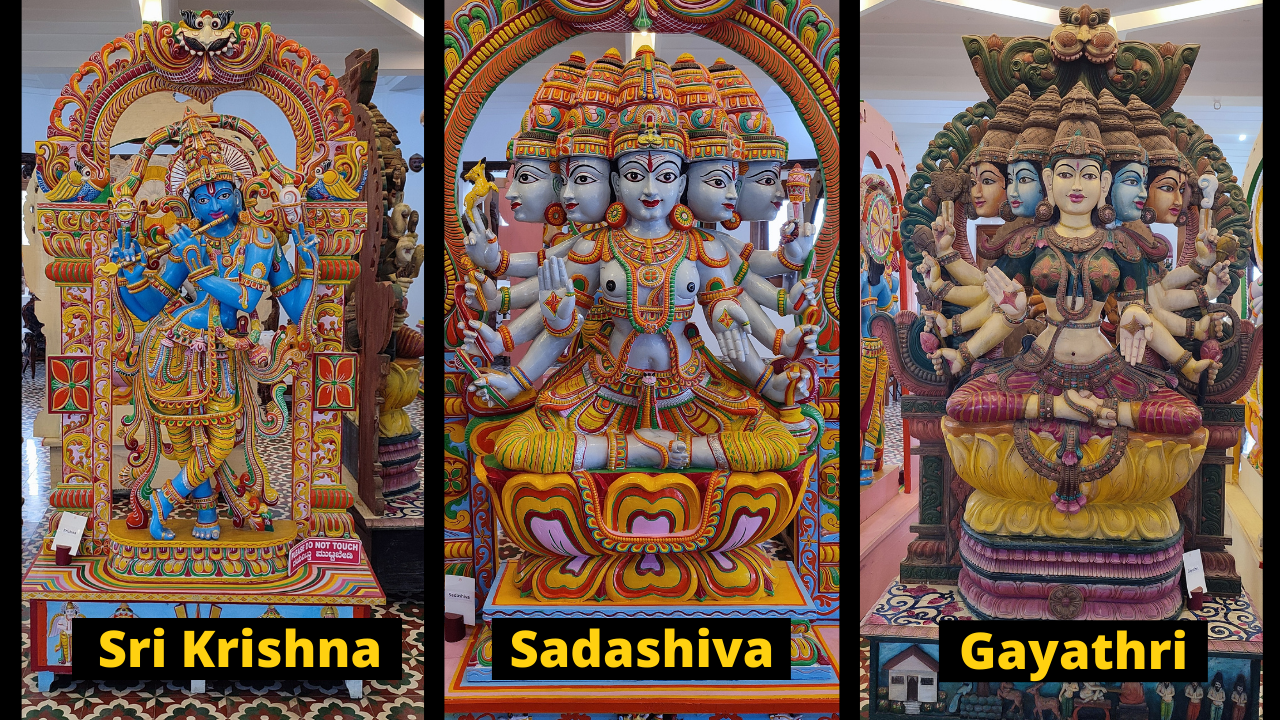 Beautiful wooden work of Sri Krishna, Sadashiva and Gaythri 